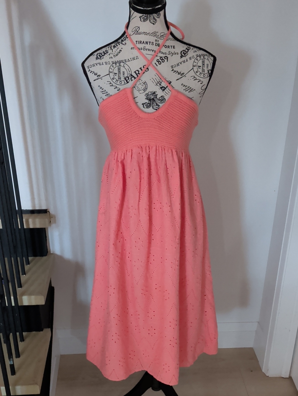 LE LIS | Women's Coral Eyelet Crochet Sleeveless Halter Midi Dress